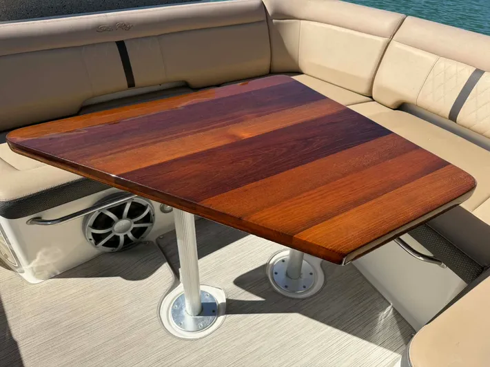 I'll Have Another Yacht Photos Pics Wooden table on Sea Ray Sundancer 350 boat, 2016 model.