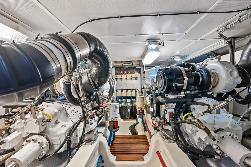 Draagen Yacht Photos Pics Engine room of 2006 Grand Banks Europa 47 yacht, showcasing mechanical components and systems.
