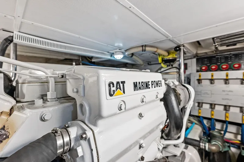 Draagen Yacht Photos Pics Engine room of 2006 Grand Banks Europa 47 with CAT Marine Power engine.