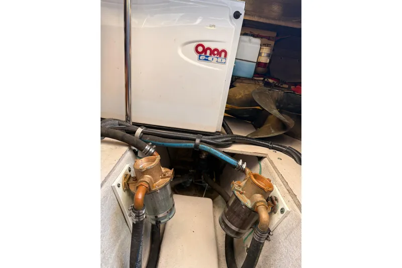 Sea Trials Yacht Photos Pics Engine room of 2007 Sea Ray 44 Sedan Bridge with Onan generator and components.