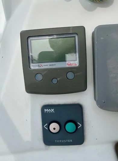 Charisapa Yacht Photos Pics Control panel on a 2012 Jeanneau 50 DS sailboat, featuring chain counter and thruster controls.