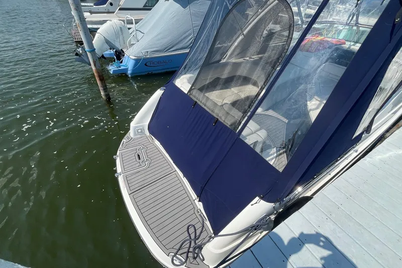  Yacht Photos Pics 2020 Rinker 290 EX boat docked with blue canopy and swim platform.