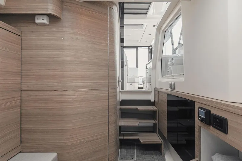 Sierra Tango VI Yacht Photos Pics Interior of 2025 Saxdor 400 GTO yacht with modern wood finish and sleek design.