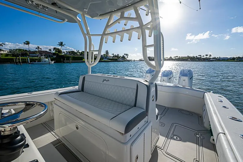 Quest Yacht Photos Pics 2011 Yellowfin 39 Offshore boat interior with scenic waterfront view.