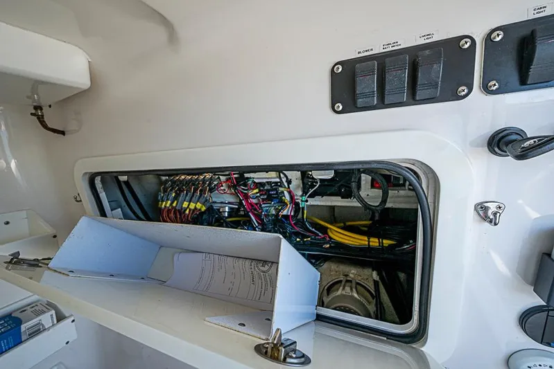 Quest Yacht Photos Pics Electrical panel and wiring inside a 2011 Yellowfin 39 Offshore boat.