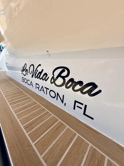 La Vida Boca Yacht Photos Pics 2019 Sealine F430 yacht with "Lo Vida Boca" text, Boca Raton, FL.