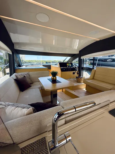 La Vida Boca Yacht Photos Pics Luxurious interior of a 2019 Sealine F430 yacht with elegant seating and modern design.