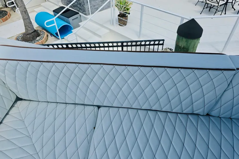 La Vida Boca Yacht Photos Pics Luxurious quilted seating on 2019 Sealine F430 yacht deck.
