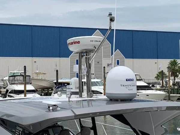  Yacht Photos Pics 2019 Azimut 51 ATLANTIS COUPE yacht with radar and satellite equipment at marina.