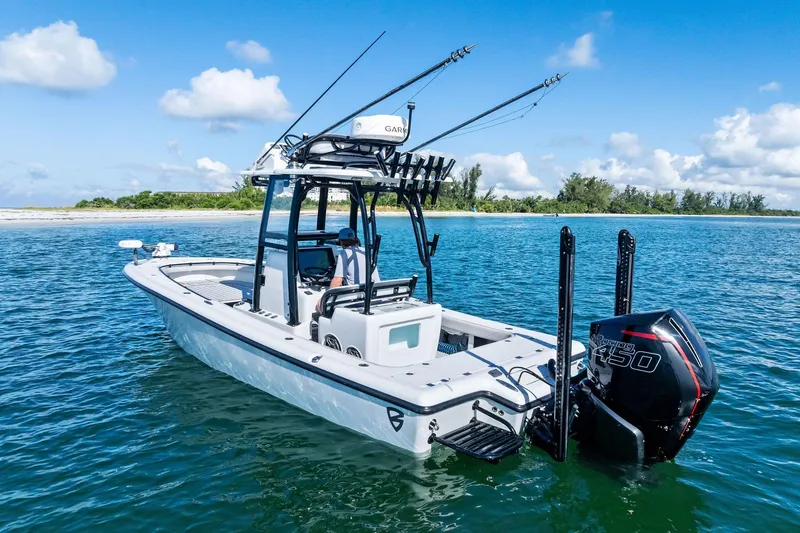  Yacht Photos Pics 2020 Barker Boatworks 26 Open on clear blue water, equipped for fishing.