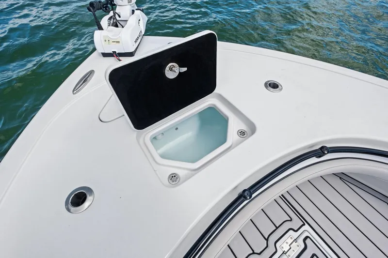  Yacht Photos Pics 2020 Barker Boatworks 26 Open deck with storage compartment and trolling motor.