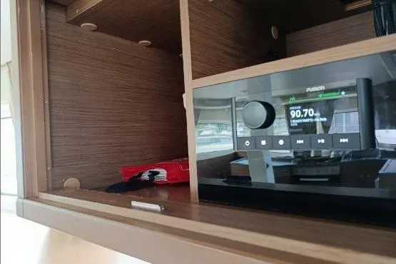 Costabella Yacht Photos Pics Interior of 2018 Lagoon 52 F yacht with modern audio system.