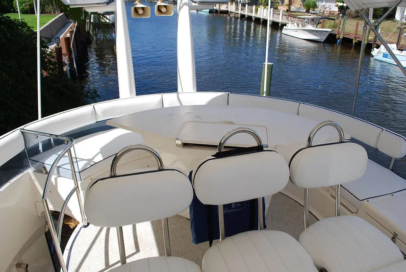 No Name Yacht Photos Pics Luxury Fairline Squadron 2000 yacht deck with white seating overlooking serene waterfront.