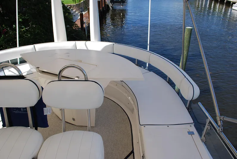 No Name Yacht Photos Pics Luxury seating area on a 2000 Fairline Squadron yacht, overlooking a serene waterfront.