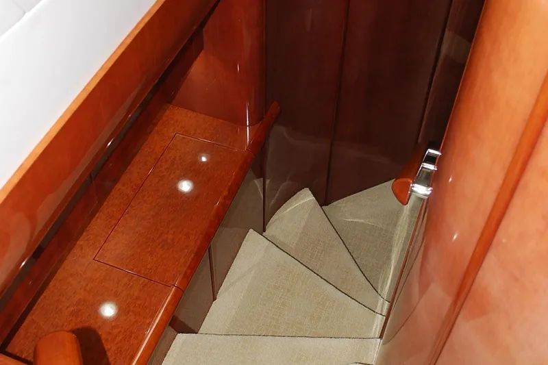 No Name Yacht Photos Pics Staircase with wooden paneling on a 2000 Fairline Squadron yacht.