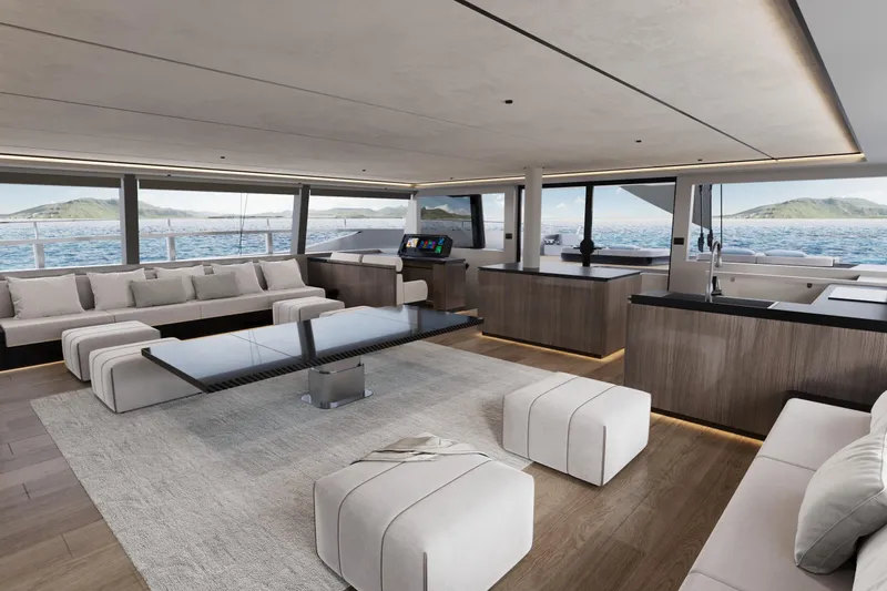  Yacht Photos Pics Luxurious interior of 2027 McConaghy SAPPHIRE S80 yacht with modern furnishings and ocean view.