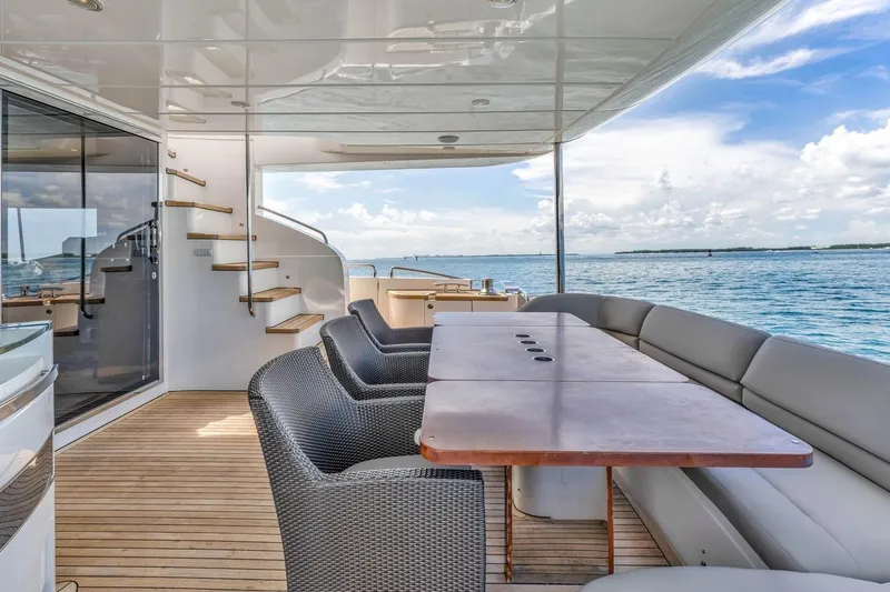 Princess Y85 Yacht Photos Pics Luxurious 2012 Princess 85 yacht deck with seating, table, and ocean view.