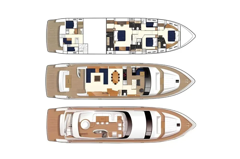 Princess Y85 Yacht Photos Pics Floor plan of a 2012 Princess 85 yacht, showcasing three detailed deck layouts.