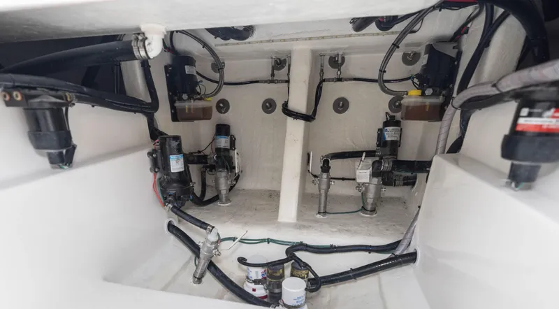  Yacht Photos Pics 2024 Deep Impact 369 Deep Impact engine compartment with wiring and components.