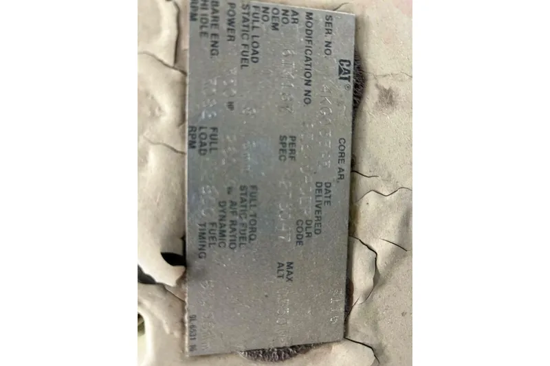 Contentment Yacht Photos Pics 1995 Carver 440 Aft Cabin Motor Yacht engine plate with specifications and serial numbers.