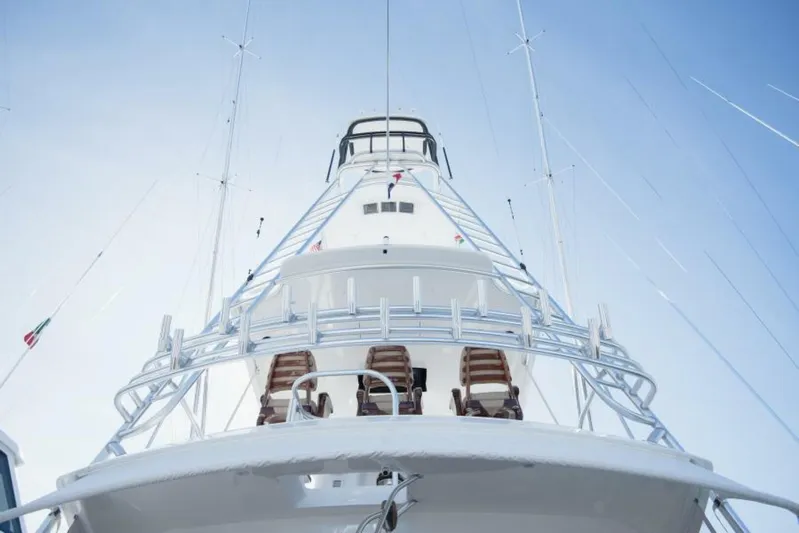 C Student Yacht Photos Pics Viking 66 Convertible 2017 yacht, view of tower and rigging against clear sky.