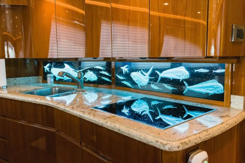 C Student Yacht Photos Pics Luxurious kitchen in 2017 Viking 66 Convertible yacht with fish-themed backsplash.