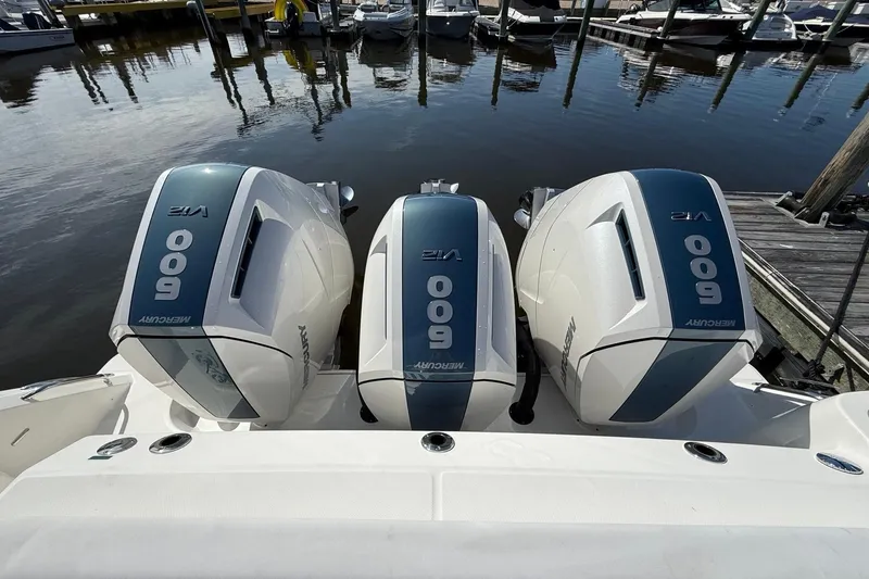  Yacht Photos Pics Triple Mercury 600 V12 engines on 2024 Boston Whaler 420 Outrage at dock.