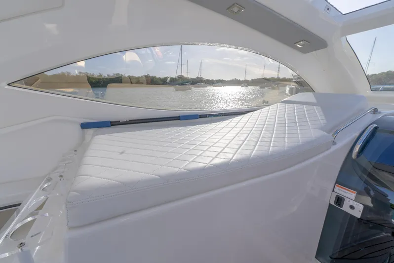  Yacht Photos Pics Luxurious interior of 2022 Schaefer 375 HT yacht with quilted seating and scenic water view.