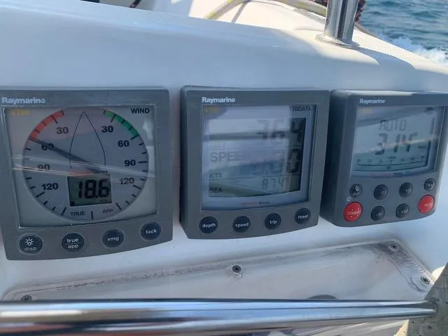  Yacht Photos Pics Close-up of Raymarine instruments on a 2002 Jeanneau Sun Odyssey 40 sailboat.