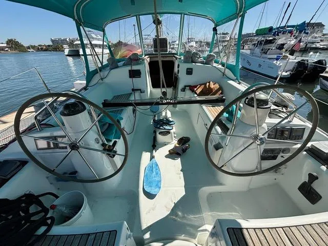  Yacht Photos Pics Cockpit of 2002 Jeanneau Sun Odyssey 40 sailboat with dual steering wheels.