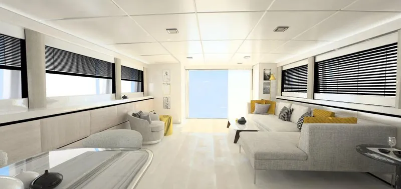  Yacht Photos Pics Luxurious interior of a 2008 Admiral 85 yacht with modern furnishings and sleek design.