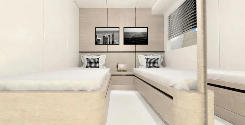  Yacht Photos Pics Luxurious twin bedroom in 2008 Admiral 85 yacht, featuring modern decor and stylish artwork.