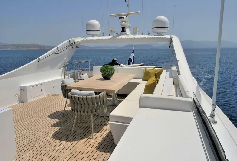  Yacht Photos Pics Luxurious Admiral 85 yacht deck with seating, table, and ocean view, 2008 model.