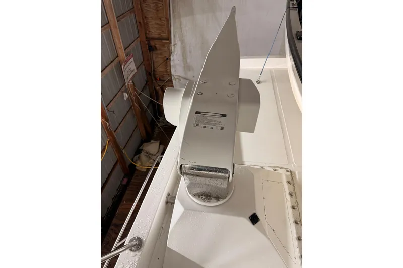 Bonnie Jean Yacht Photos Pics 1998 Ocean Alexander Pilothouse Model 584 anchor detail in a boat shed.