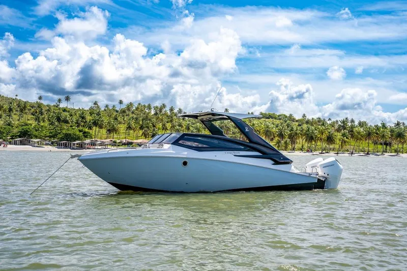 Lr280 Yacht Photos Pics 2024 L'acqua Royale LR280 GRAN CABRIO boat on tropical waters with palm trees in background.