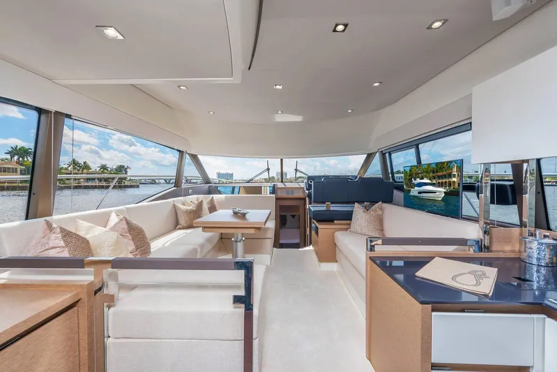  Yacht Photos Pics Luxurious interior of 2025 Prestige 460 Fly yacht with elegant seating and panoramic windows.