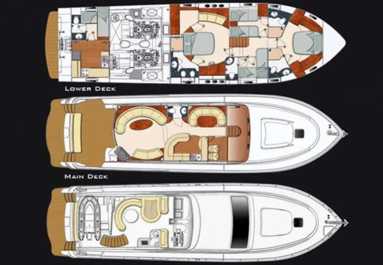  Yacht Photos Pics Deck layout of 2010 Majesty 66 Flybridge yacht, showing lower, main, and flybridge levels.