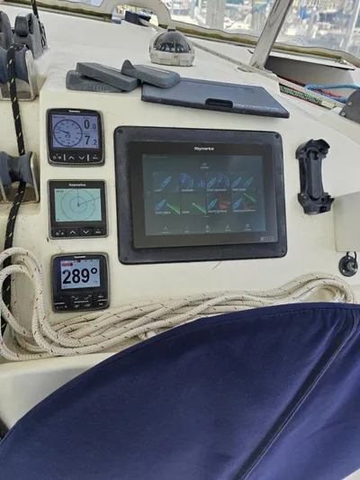 Moondance Yacht Photos Pics Lagoon 420 yacht cockpit with navigation instruments and display, 2008 model.