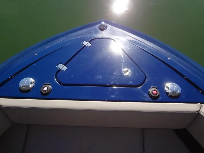  Yacht Photos Pics 2021 Cruisers Yachts 38 GLS I/O bow with blue deck and seating.