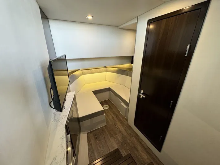  Yacht Photos Pics Interior of 2021 Cruisers Yachts 38 GLS I/O with cozy seating and modern design.