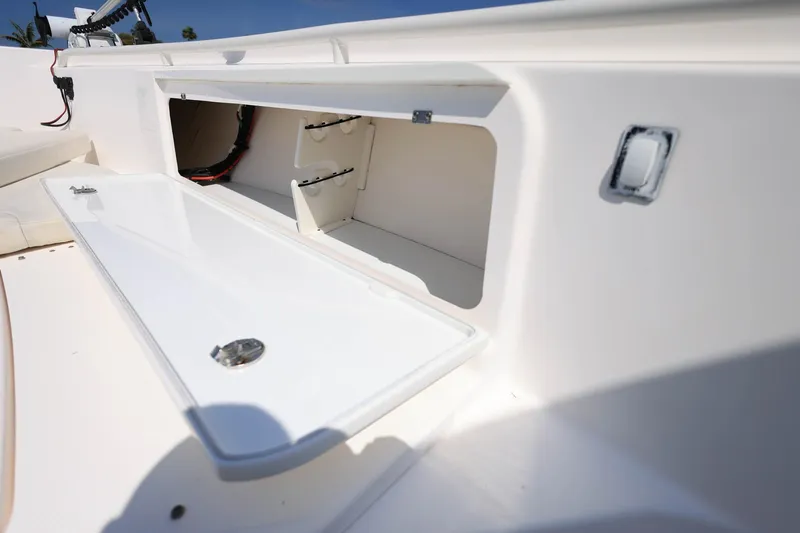  Yacht Photos Pics Open storage compartment on 2015 Everglades 355 Center Console boat.