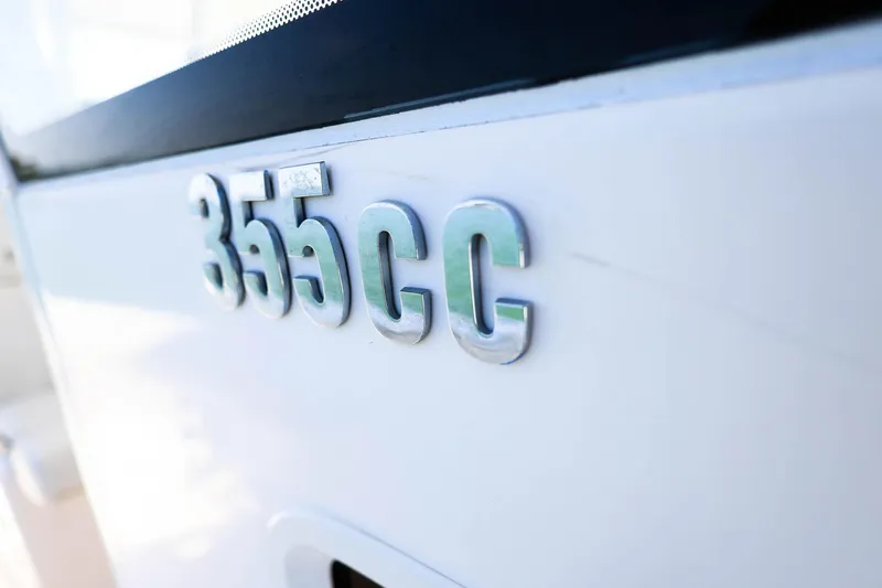  Yacht Photos Pics Close-up of 2015 Everglades 355 Center Console boat emblem.