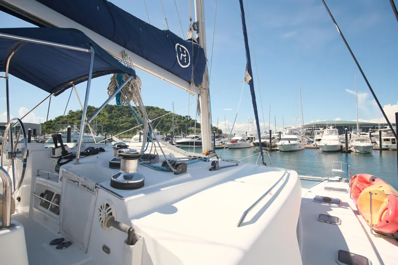 Sv Hypnautic Yacht Photos Pics Lagoon 440 catamaran docked at marina, sunny day, 2002 model.