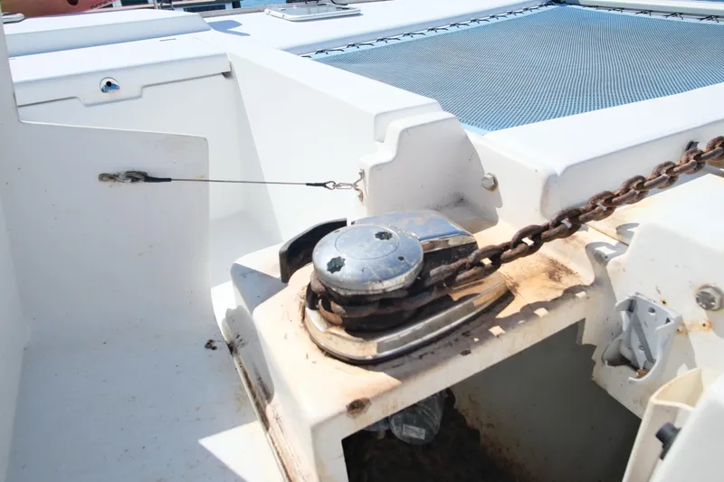 Sv Hypnautic Yacht Photos Pics Anchor chain mechanism on a 2002 Lagoon 440 catamaran deck.
