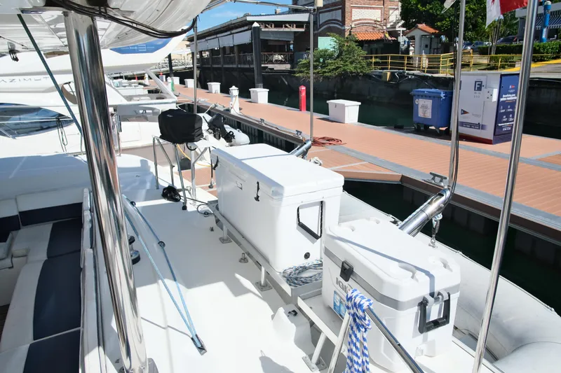 Sv Hypnautic Yacht Photos Pics Lagoon 440 catamaran docked, showcasing deck and storage, 2002 model.