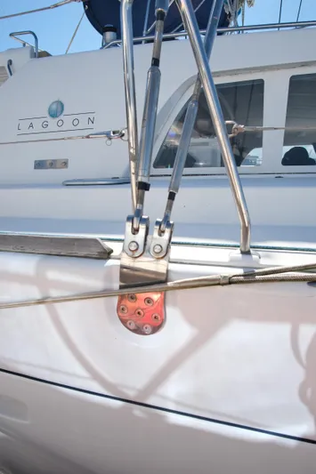 Sv Hypnautic Yacht Photos Pics Close-up of a 2002 Lagoon 440 yacht's deck and rigging details.