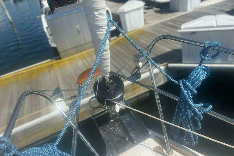 Phantom Yacht Photos Pics Jeanneau Sun Odyssey 39i sailboat bow with ropes, docked at marina, 2007 model.