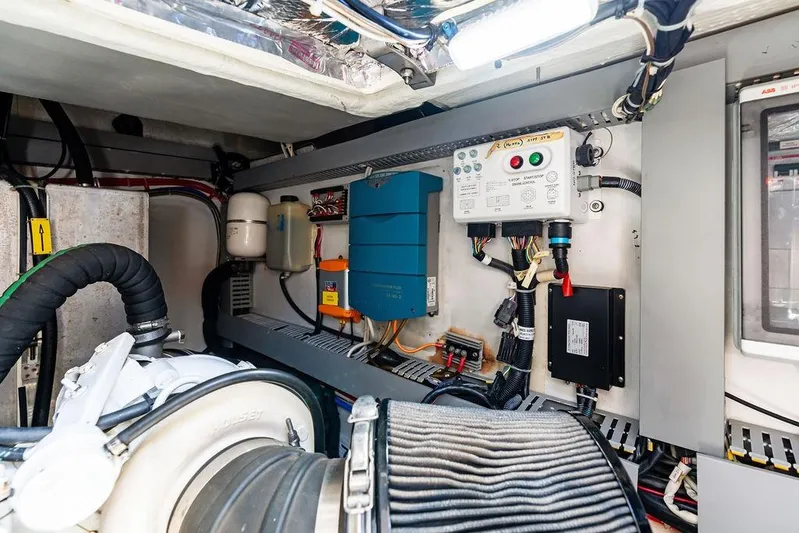  Yacht Photos Pics Engine room of 2013 Azimut Atlantis 48 yacht, showcasing electrical components and wiring.