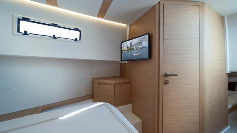Freedom Yacht Photos Pics Luxurious interior of 2023 Pardo Yachts 38, featuring modern design and wood finishes.
