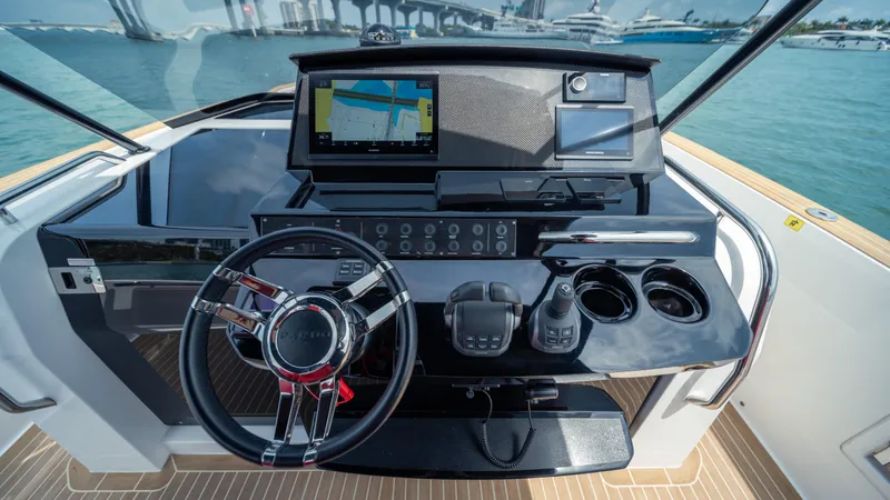 Freedom Yacht Photos Pics Helm of 2023 Pardo Yachts 38 with navigation display and controls.